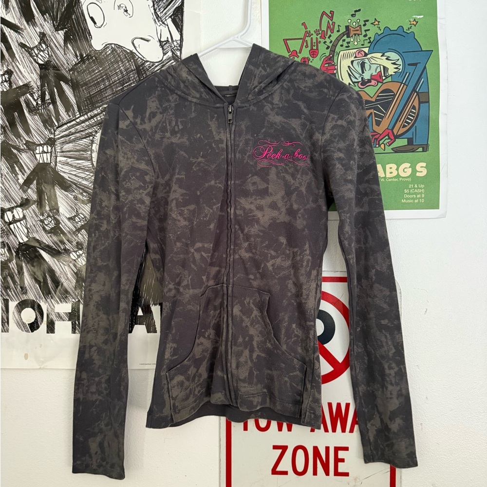Gray Zip-Up Hoodie with Pink Logo